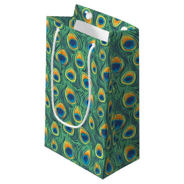Exotic Peacock Feather Pattern Jewel Green Small Gift Bag (Front Angled)
