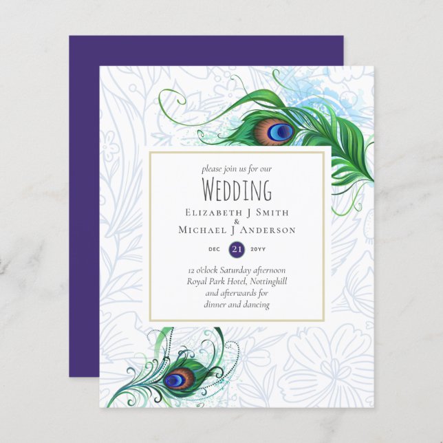 Exotic PEACOCK Feather Wedding Invite BUDGET (Front/Back)