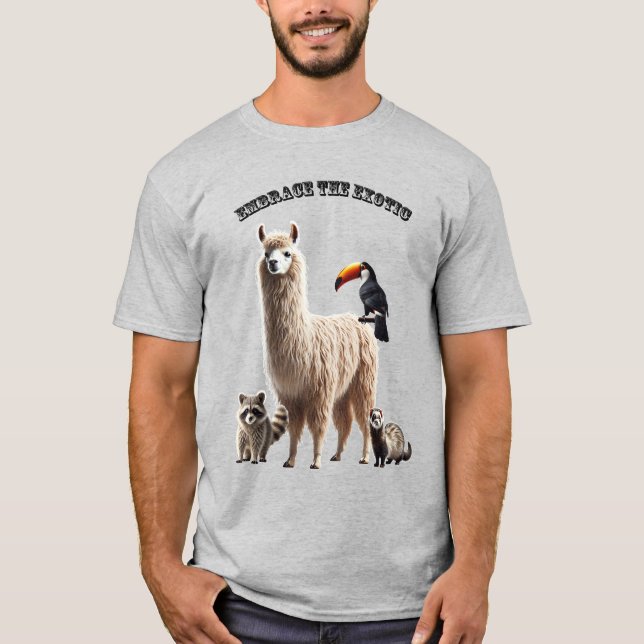 Exotic Pet Lover Llama, Raccoon, Ferret, and Bird T-Shirt (Front)