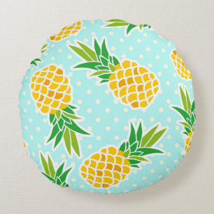 Exotic Pineapples: Blue Polka-Dot Fun. Round Pillow