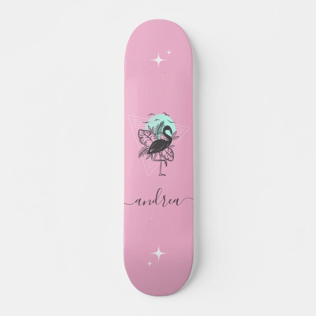 Exotic Pink Flamingo Summer Sparkle Name Tropical  Skateboard (Front)