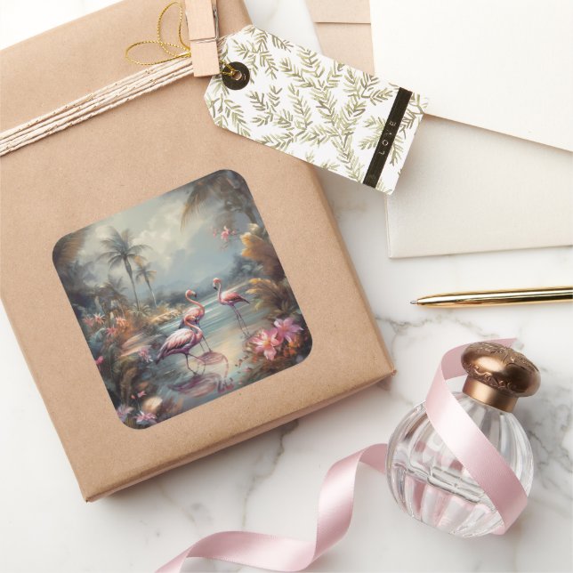 Exotic Pink Flamingo Tropical Lagoon Art Square Sticker (Gifting)