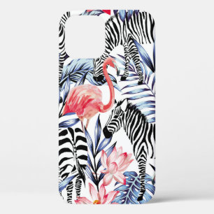 Exotic pink flamingo, zebra on background summer b iPhone 12 case