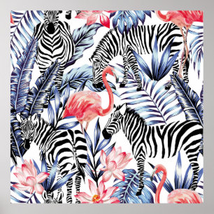 Exotic pink flamingo, zebra on background summer b poster