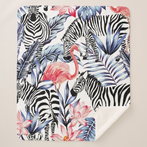 Exotic pink flamingo zebra on background summer b sherpa blanket