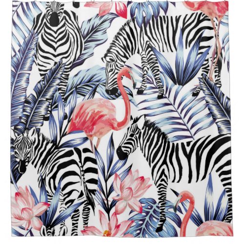 Exotic pink flamingo zebra on background summer b shower curtain