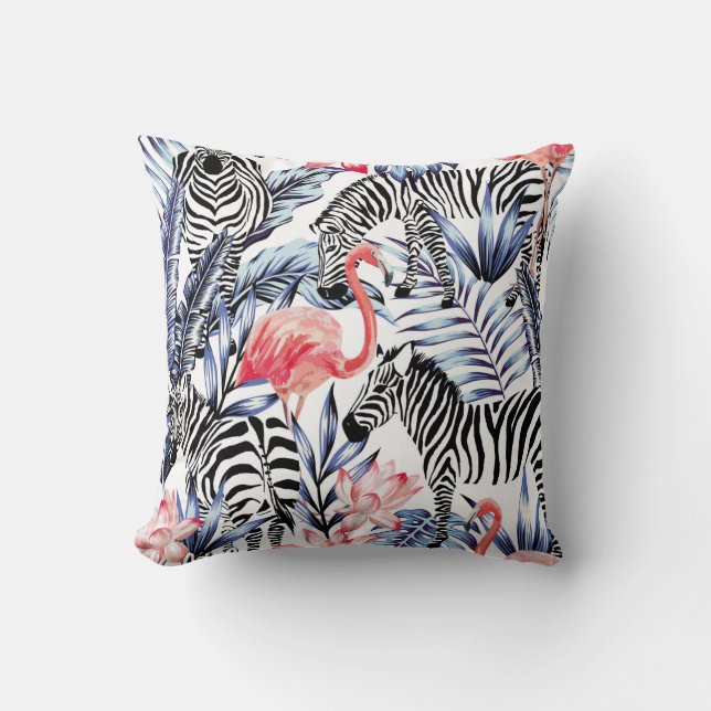 Exotic pink flamingo, zebra on background summer b throw pillow (Front)