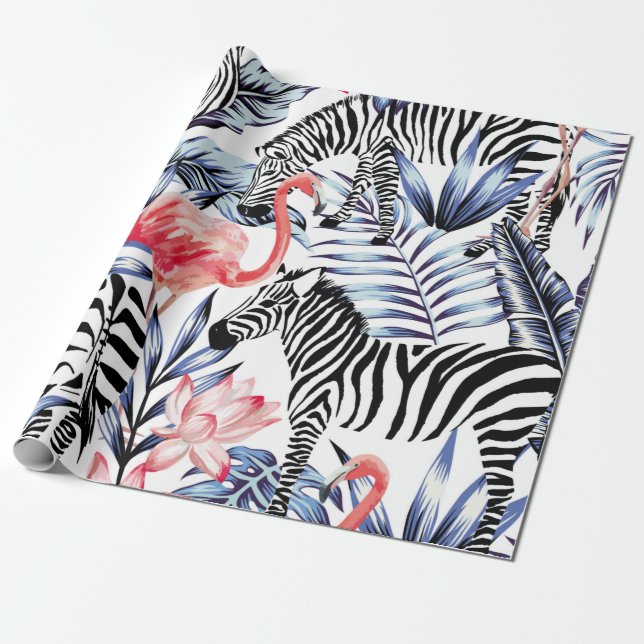 Exotic pink flamingo, zebra on background summer b wrapping paper (Unrolled)