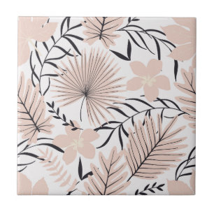 Exotic Pink Floral Foliage Seamless Pattern Ceramic Tile