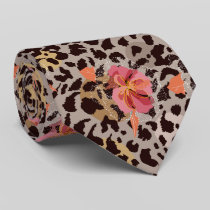 Exotic Pink Floral on Leopard Animal Print Neck Tie