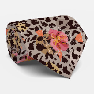 Exotic Pink Floral on Leopard Animal Print Neck Tie