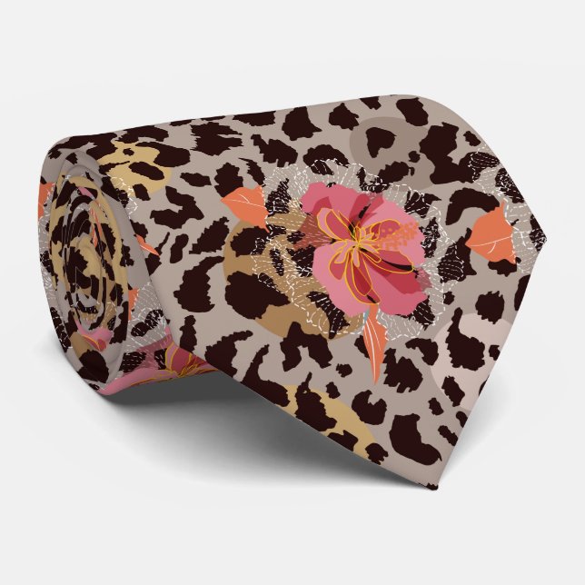 Exotic Pink Floral on Leopard Animal Print Neck Tie (Rolled)