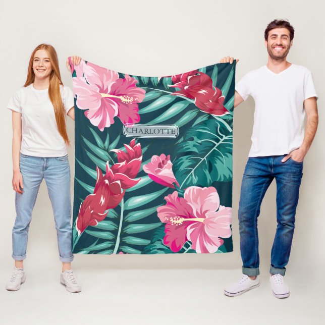 Exotic Pink Flowers Monogram Fleece Blanket (In Situ)
