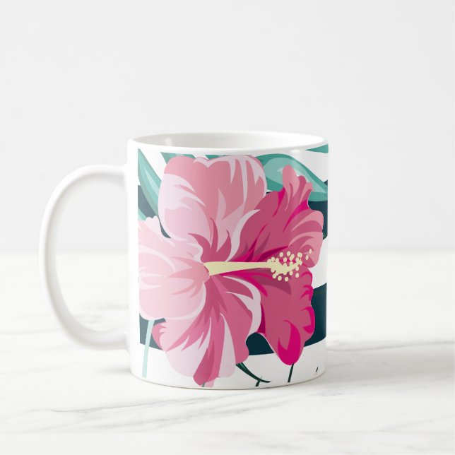 Exotic Pink Flowers Monogram striped Coffee Mug (Left)