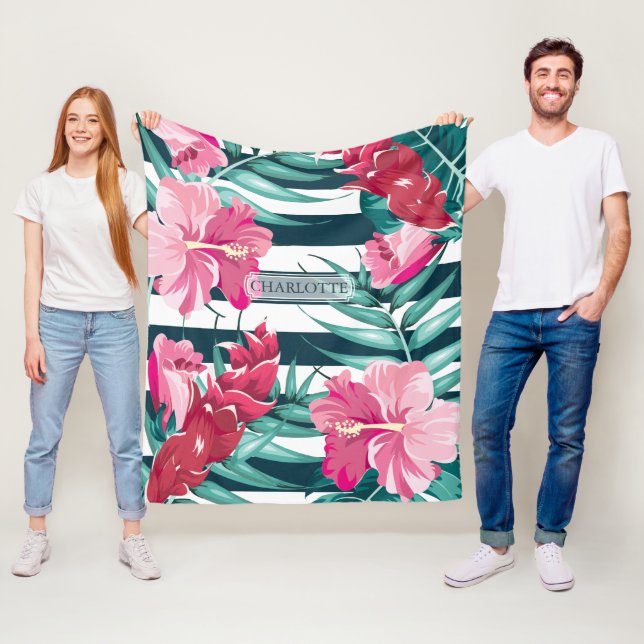 Exotic Pink Flowers Monogram striped Fleece Blanket (In Situ)