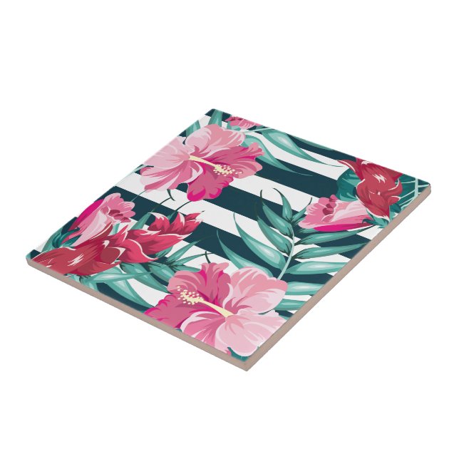 Exotic Pink Flowers striped Ceramic Tile (Side)