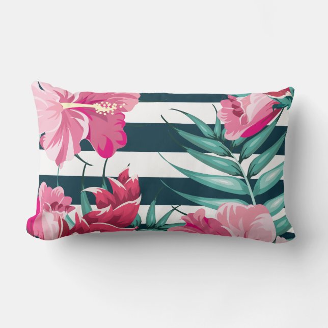 Exotic Pink Flowers striped Lumbar Pillow (Front)
