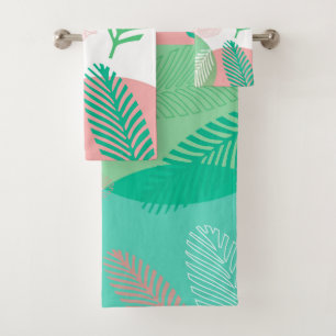 Exotic Pink Green Palm Leaves Pattern Bath Towel Set