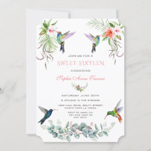 Exotic Pink Hibiscus Humming birds Sweet Sixteen Invitation