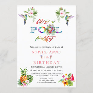Exotic Pink Hibiscus Hummingbirds 5th Birthday Invitation