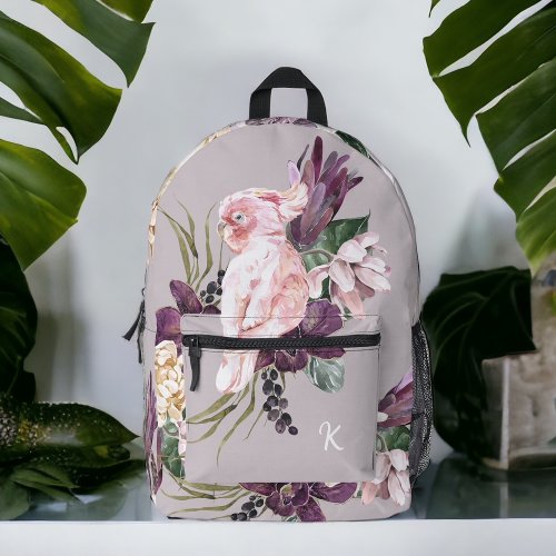 Exotic Pink Parrot Tropical Floral with Monogram Printed Backpack