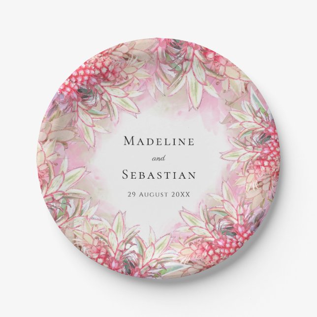 Exotic Pink Pineapples Blush Wedding Paper Plates (Front)
