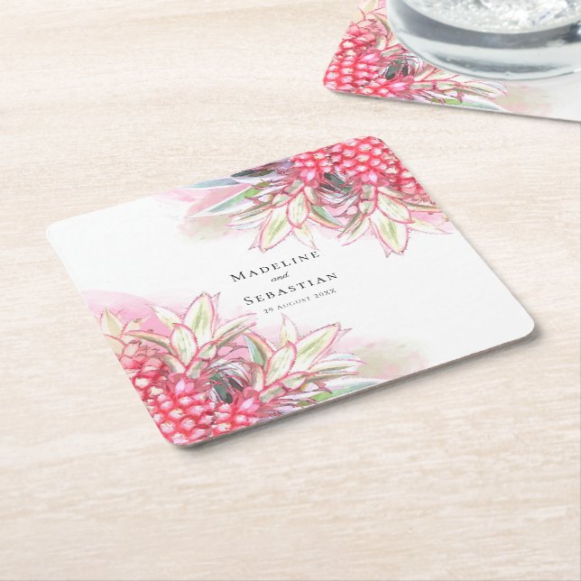 Exotic Pink Pineapples Blush Wedding Square Paper Coaster (Angled)
