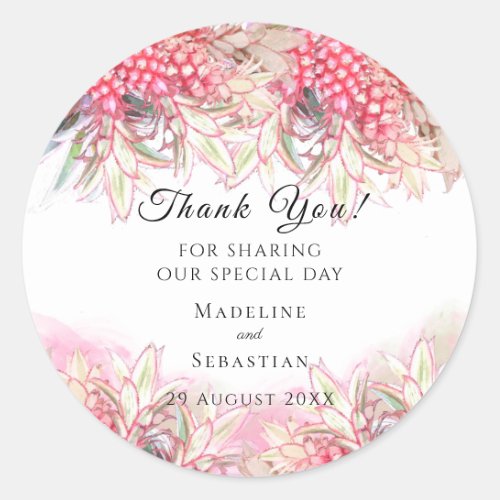Exotic Pink Pineapples Blush Wedding Thank You Classic Round Sticker