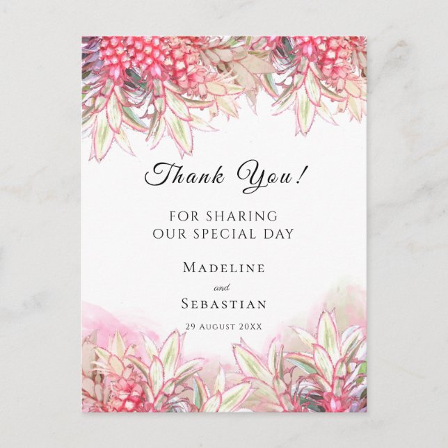 Exotic Pink Pineapples Blush Wedding Thank You Postcard (Front)