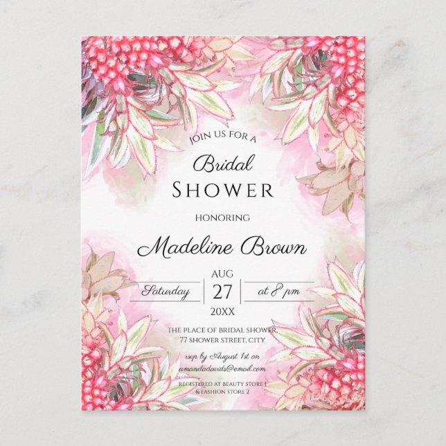Exotic Pink Pineapples Bridal Shower Invitation Postcard (Front)