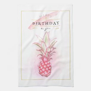 Exotic Pink Pineapples Watercolor Birthday Art Kitchen Towel