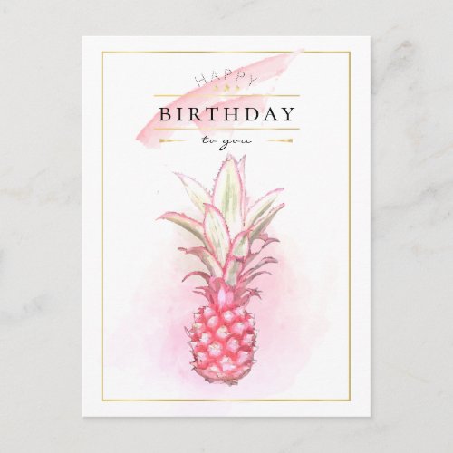 Exotic Pink Pineapples Watercolor Birthday Art Postcard