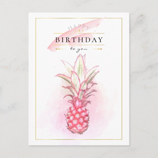 Exotic Pink Pineapples Watercolor Birthday Art Postcard (Front)