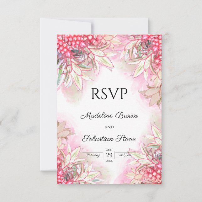 Exotic Pink Pineapples Wedding RSVP Card (Front)