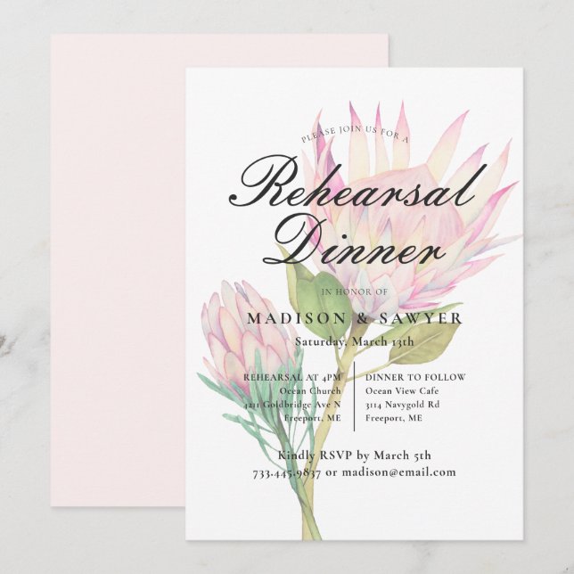 Exotic Pink Protea Floral Wedding Rehearsal Dinner Invitation (Front/Back)