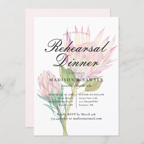 Exotic Pink Protea Floral Wedding Rehearsal Dinner Invitation