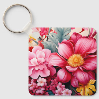Exotic Pink Tropical Floral Garden Keychain