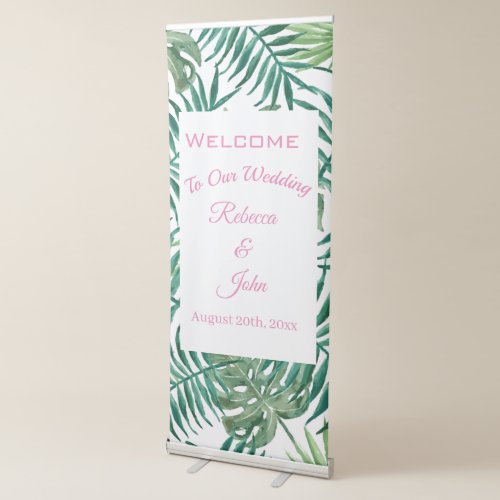 Exotic Pink Tropical Palm Leaves Wedding Welcome Retractable Banner
