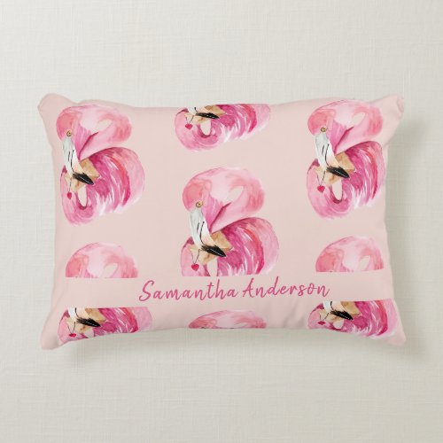 Exotic Pink Watercolor Flamingo Pattern  Name Accent Pillow