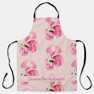 Exotic Pink Watercolor Flamingo Pattern & Name Apron