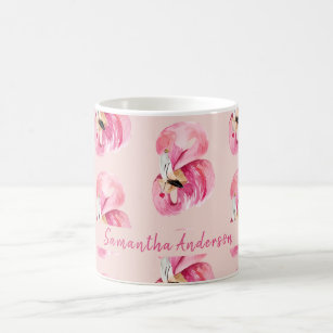 Exotic Pink Watercolor Flamingo Pattern & Name Coffee Mug