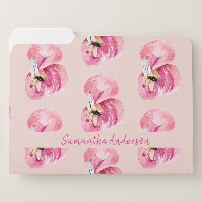Exotic Pink Watercolor Flamingo Pattern & Name File Folder (Front Left)