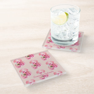 Exotic Pink Watercolor Flamingo Pattern & Name Glass Coaster