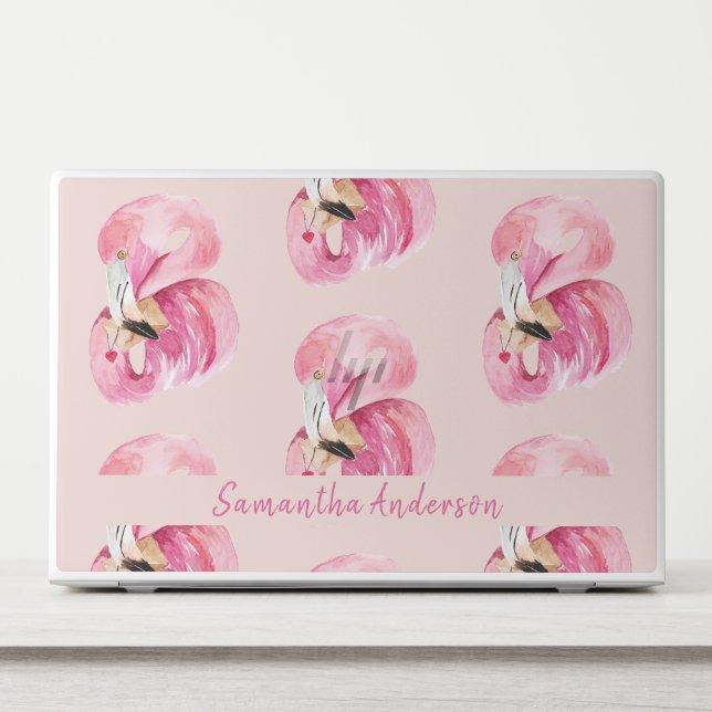 Exotic Pink Watercolor Flamingo Pattern & Name HP Laptop Skin (Front)