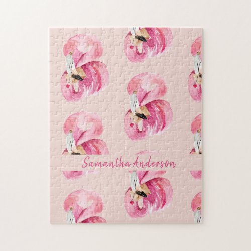 Exotic Pink Watercolor Flamingo Pattern  Name Jigsaw Puzzle