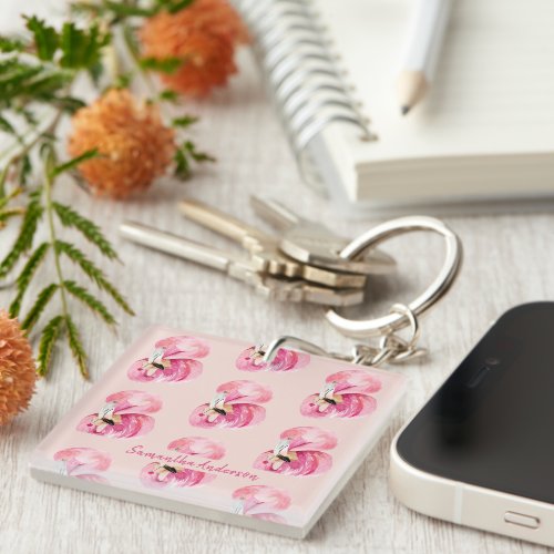 Exotic Pink Watercolor Flamingo Pattern  Name Keychain
