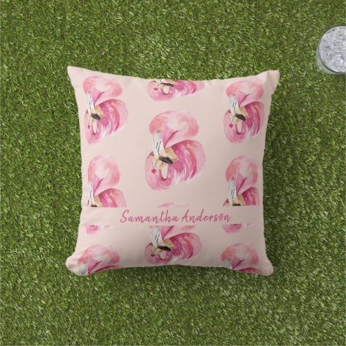 Exotic Pink Watercolor Flamingo Pattern  Name Outdoor Pillow