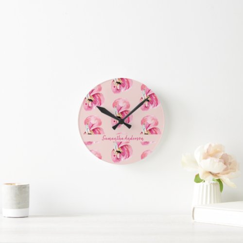 Exotic Pink Watercolor Flamingo Pattern &amp; Name Round Clock