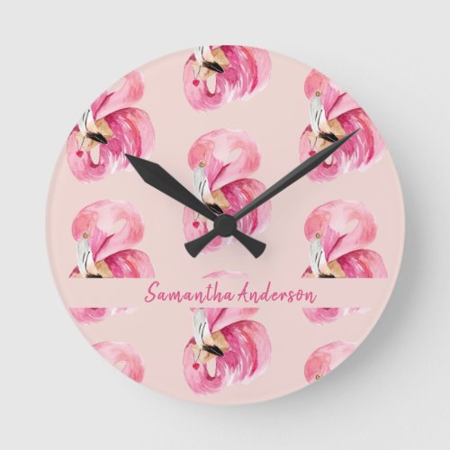 Exotic Pink Watercolor Flamingo Pattern  Name Round Clock