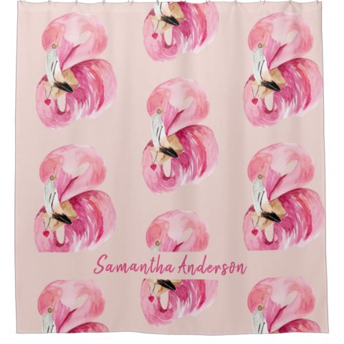 Exotic Pink Watercolor Flamingo Pattern  Name Shower Curtain